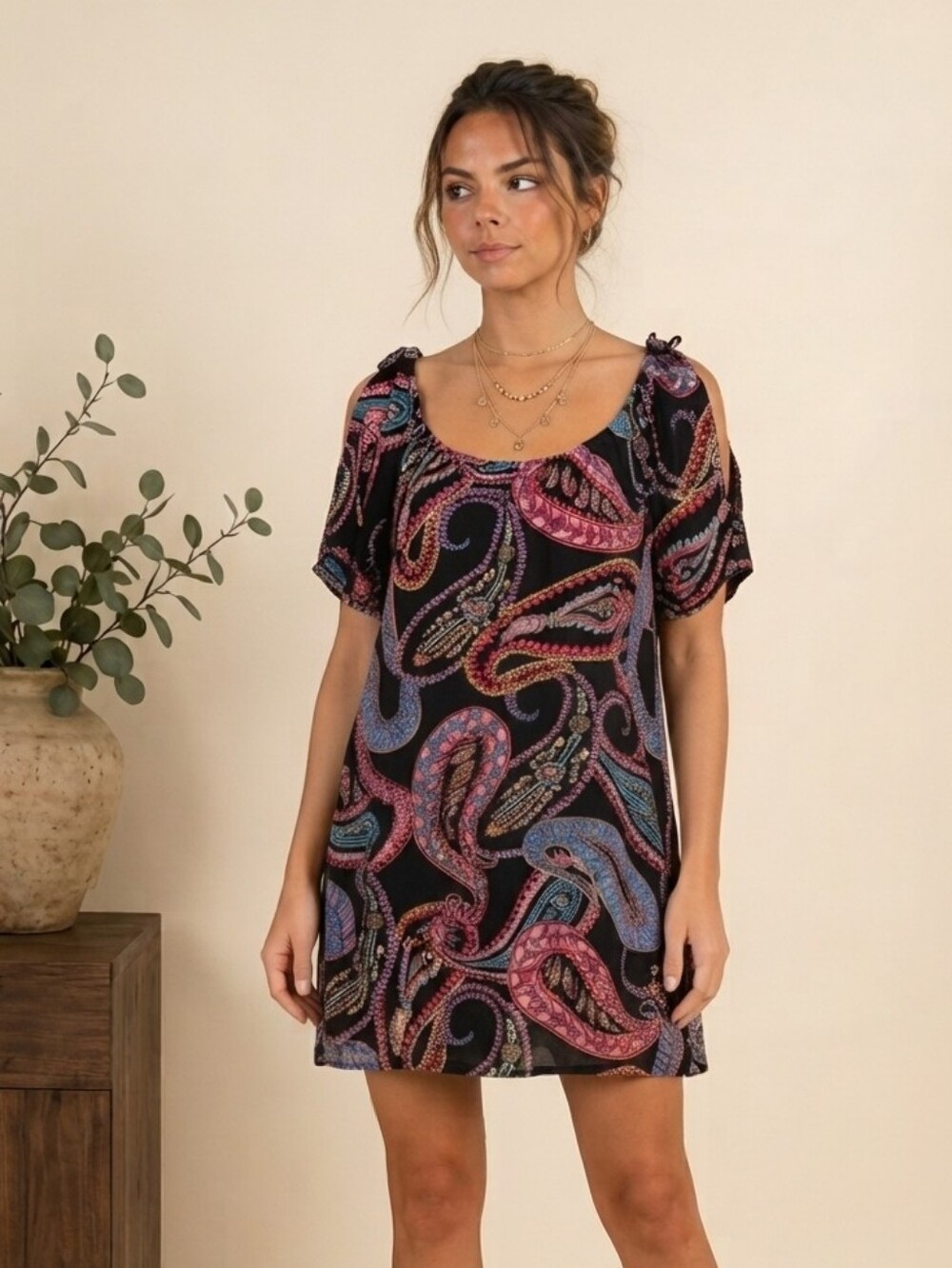 Angie Flowy Open Shoulder Mini Dress Colorful Paisley Small/Med